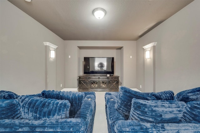 home theater room featuring a textured ceiling and carpet floors