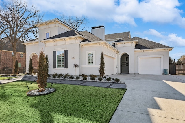 view of front facade with a chimney, stucco siding, concrete driveway, an attached garage, and a front yard