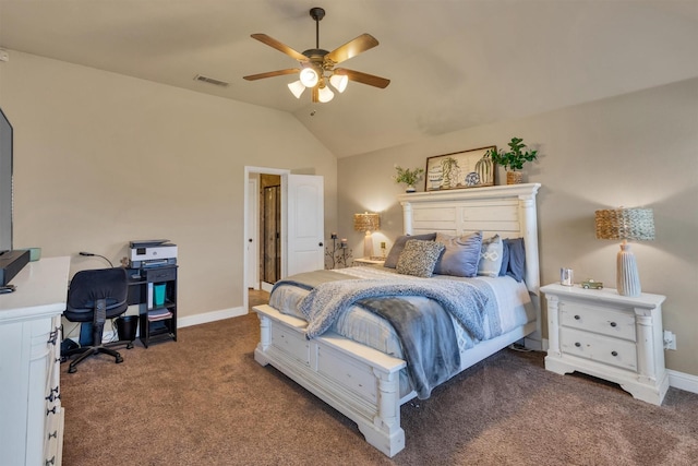 carpeted bedroom featuring vaulted ceiling, a ceiling fan, visible vents, and baseboards