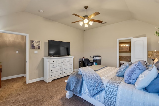 carpeted bedroom with lofted ceiling, ceiling fan, ensuite bathroom, visible vents, and baseboards