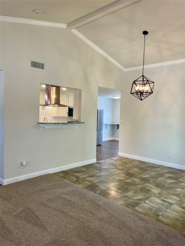 unfurnished living room with high vaulted ceiling, visible vents, crown molding, and baseboards