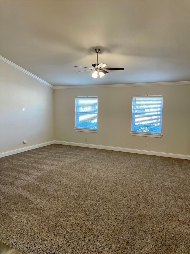 spare room featuring ornamental molding, carpet flooring, and baseboards