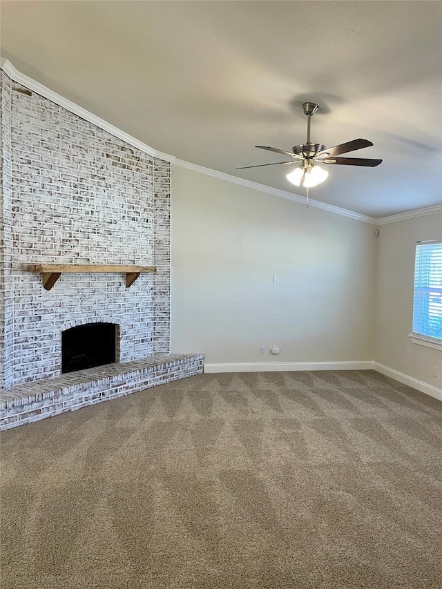 unfurnished living room featuring baseboards, ceiling fan, ornamental molding, carpet floors, and a brick fireplace