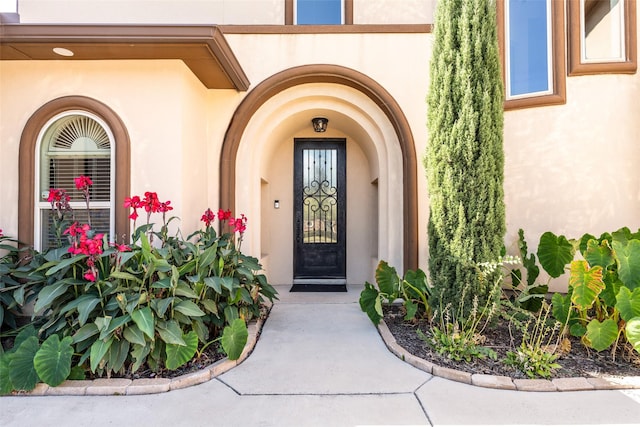 entrance to property with stucco siding