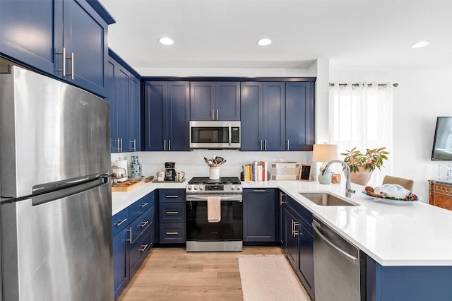 kitchen featuring stainless steel appliances, blue cabinetry, a peninsula, and a sink