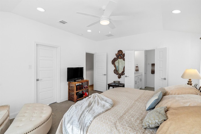 carpeted bedroom with lofted ceiling, ceiling fan, visible vents, and recessed lighting