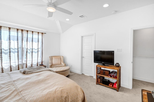 carpeted bedroom with lofted ceiling, visible vents, baseboards, and recessed lighting