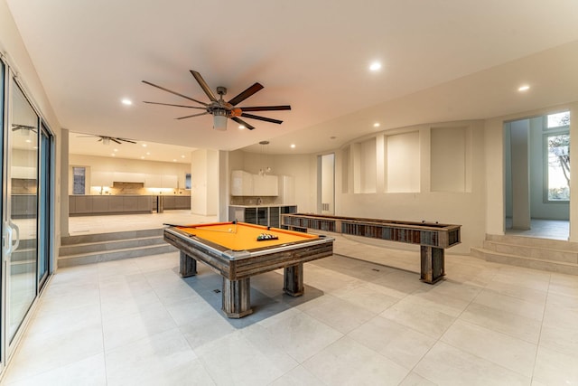 recreation room featuring pool table, light tile patterned flooring, a ceiling fan, and recessed lighting