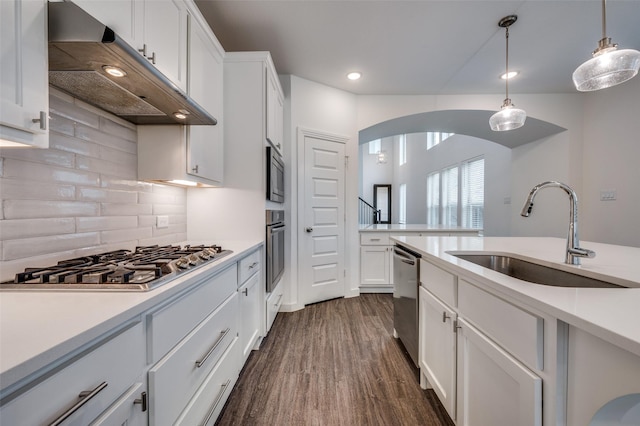 2009 Dappled Grey Ave, Aubrey, TX 76227 - kitchen featuring stainless steel appliances, under cabinet range hood, recessed lighting, arched walkways, and light countertops