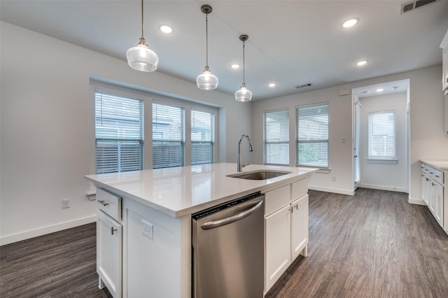 2009 Dappled Grey Ave, Aubrey, TX 76227 - kitchen with dishwasher, dark wood-style floors, recessed lighting, light countertops, and hanging light fixtures