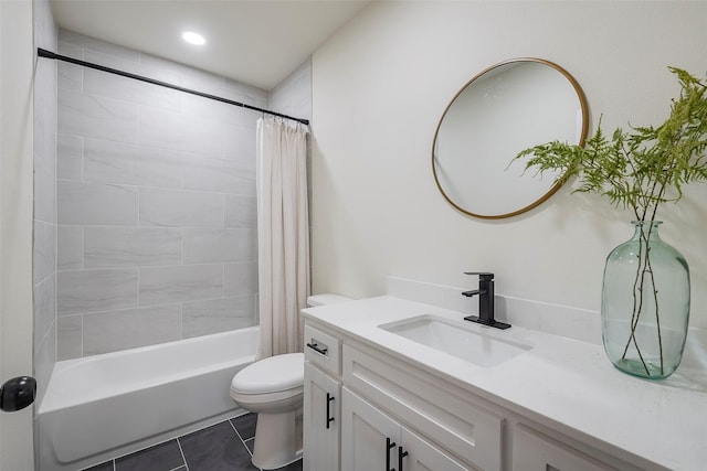 bathroom featuring vanity, shower / bath combination with curtain, toilet, and tile patterned flooring