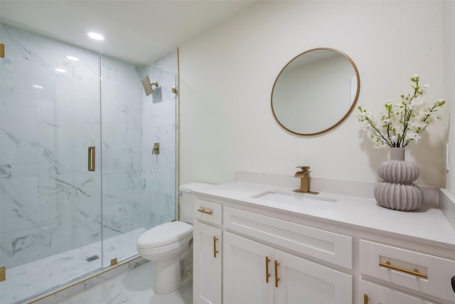 full bathroom with a marble finish shower, toilet, marble finish floor, and vanity