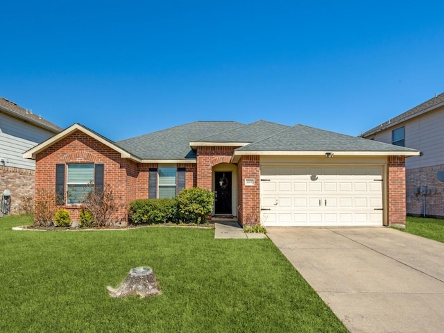 ranch-style home featuring a garage, brick siding, concrete driveway, roof with shingles, and a front lawn