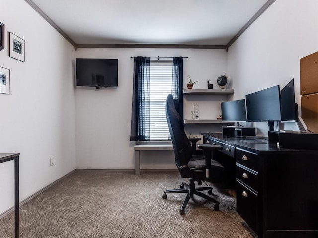 office area with ornamental molding, carpet, and baseboards