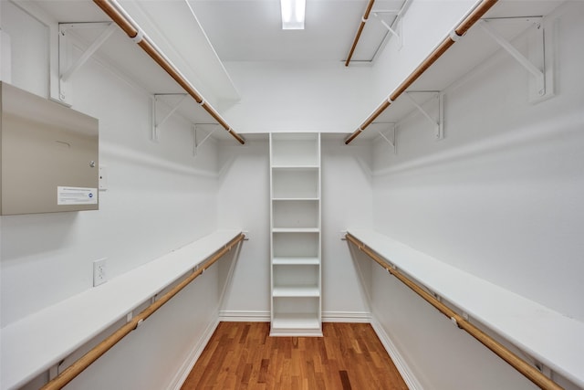 walk in closet with light wood finished floors