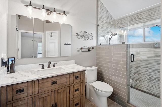 bathroom featuring a shower stall, toilet, and vanity