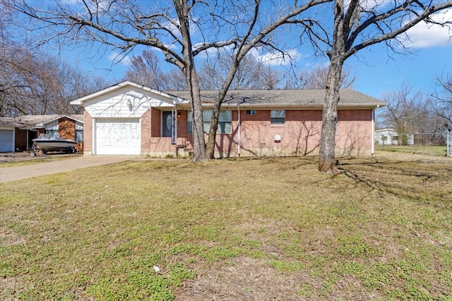 ranch-style home with a garage, a front yard, brick siding, and driveway