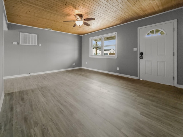 entrance foyer featuring visible vents, ornamental molding, wood finished floors, and wood ceiling