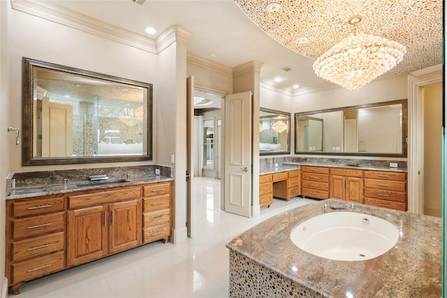 bathroom with a notable chandelier, recessed lighting, ornamental molding, vanity, and a tub with jets