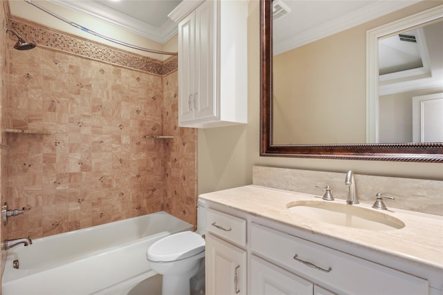 bathroom with toilet, shower / tub combination, ornamental molding, and vanity