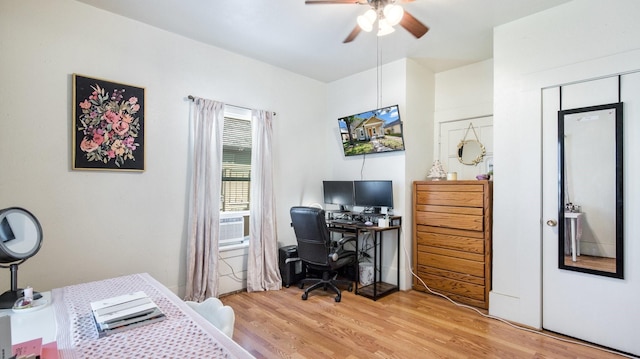 office area featuring ceiling fan and light wood-style flooring