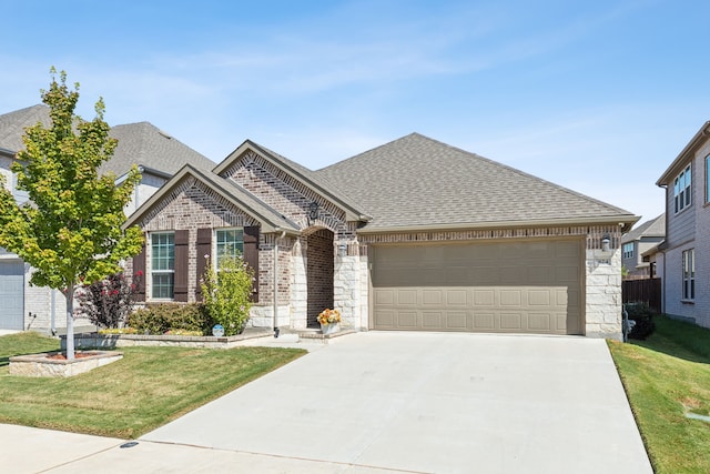 french country home featuring stone siding, brick siding, driveway, and a front lawn