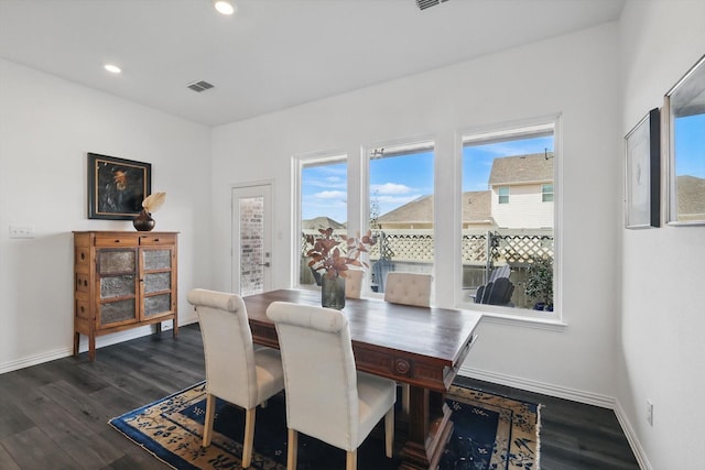 dining area with recessed lighting, dark wood-style flooring, visible vents, and baseboards