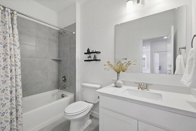 bathroom with shower / bath combination with curtain, vanity, toilet, and tile patterned floors