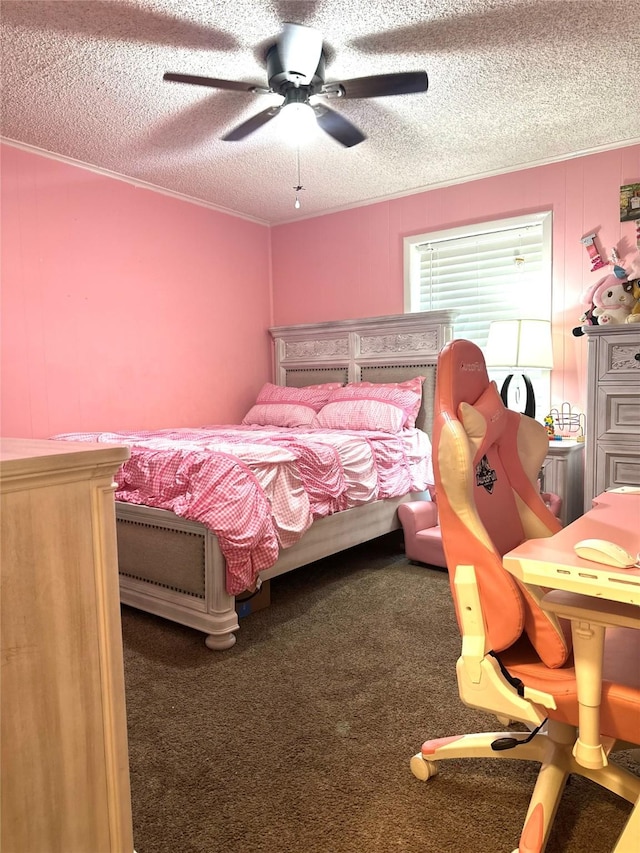 bedroom featuring carpet floors, ceiling fan, ornamental molding, and a textured ceiling