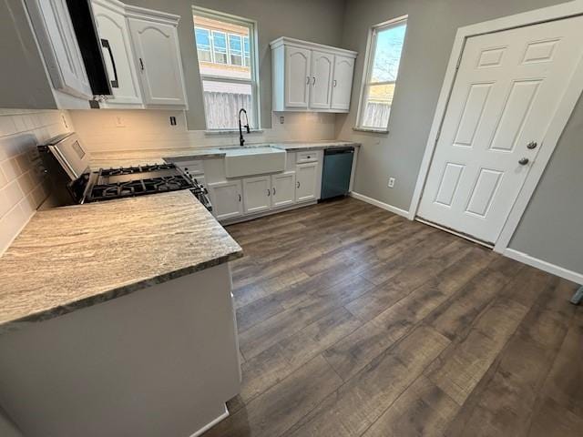 kitchen with dishwashing machine, a sink, a wealth of natural light, gas stove, and dark wood finished floors