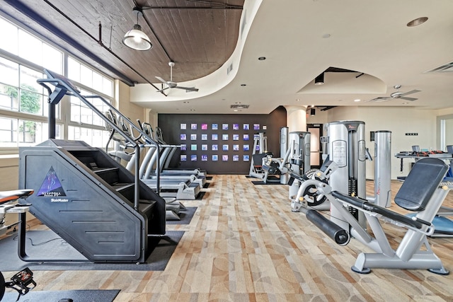 workout area featuring visible vents and a ceiling fan