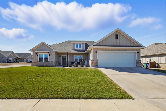 craftsman inspired home with driveway, brick siding, board and batten siding, and a front yard