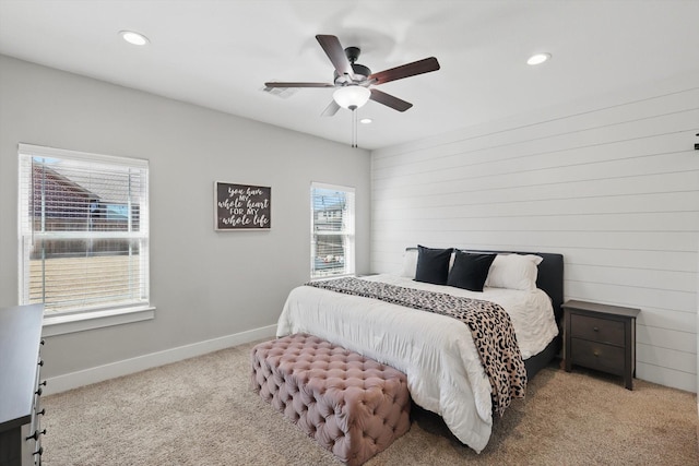 bedroom with ceiling fan, baseboards, carpet flooring, and recessed lighting