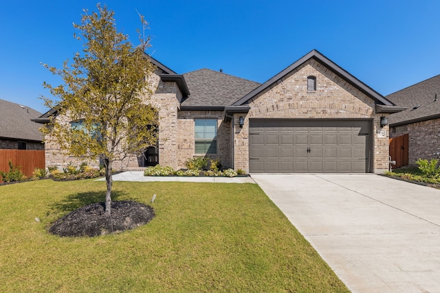 french country home with a garage, brick siding, fence, driveway, and a front yard