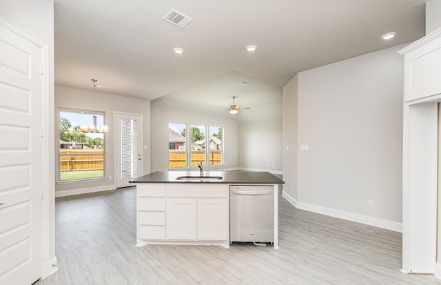 kitchen with visible vents, white cabinets, dark countertops, dishwashing machine, and a sink