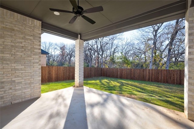 view of patio / terrace featuring a ceiling fan and a fenced backyard