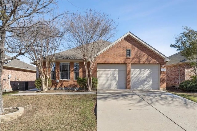 view of front of home featuring brick siding, roof with shingles, concrete driveway, central AC unit, and a garage