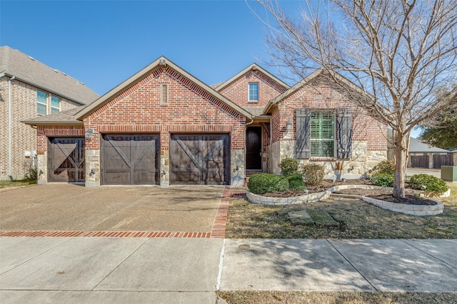 view of front of home featuring an attached garage, stone siding, driveway, and brick siding