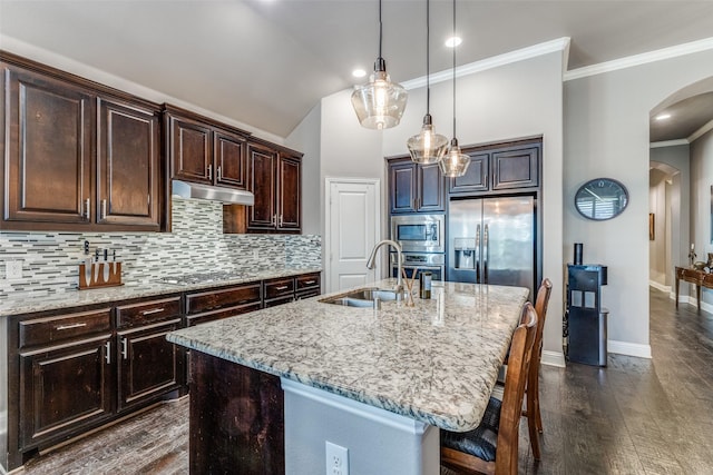 kitchen with arched walkways, stainless steel appliances, a sink, light stone countertops, and under cabinet range hood