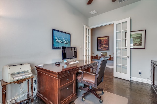 office with ceiling fan, dark wood-style flooring, visible vents, baseboards, and french doors