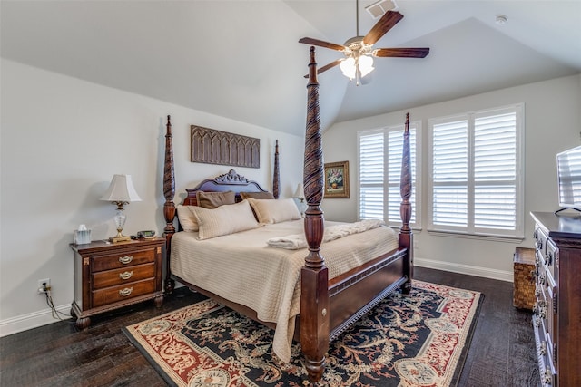 bedroom featuring lofted ceiling, ceiling fan, visible vents, baseboards, and dark wood finished floors