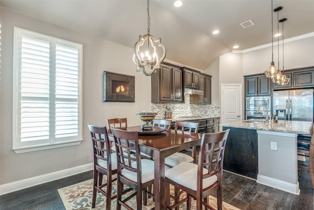 dining area with dark wood finished floors, recessed lighting, visible vents, a chandelier, and baseboards