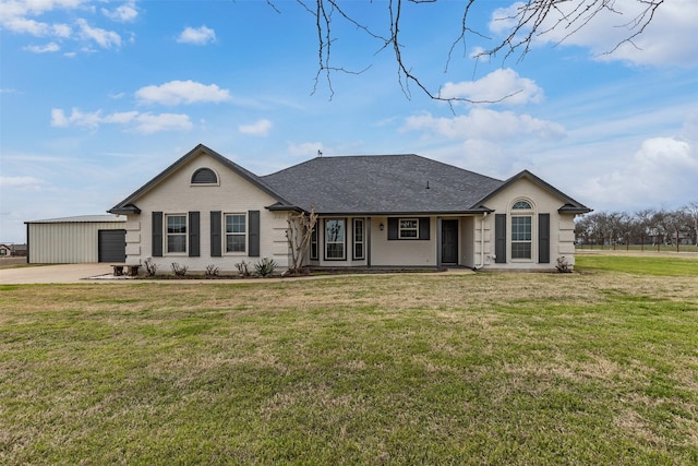 ranch-style home with a garage, brick siding, roof with shingles, and a front yard