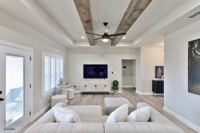 living room featuring beam ceiling, visible vents, a ceiling fan, wood finished floors, and baseboards