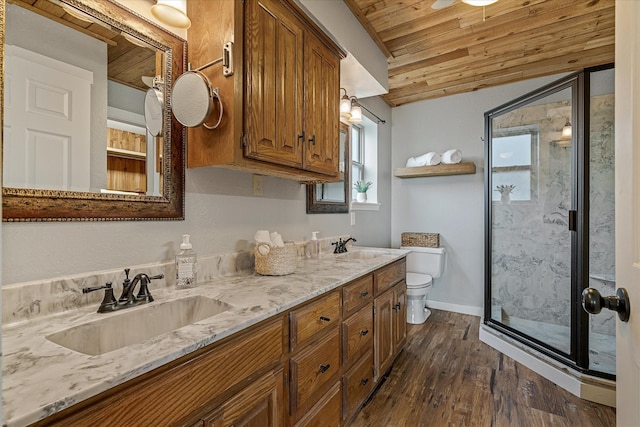 bathroom with toilet, wooden ceiling, wood finished floors, a shower stall, and a sink