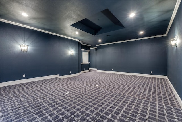 carpeted cinema room featuring baseboards, recessed lighting, and crown molding