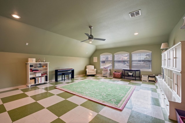 5001 Ellison Ct, Fort Worth, TX 76244 - rec room featuring recessed lighting, visible vents, ceiling fan, vaulted ceiling, and tile patterned floors