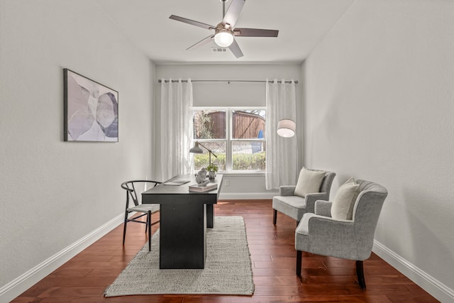 office area featuring a ceiling fan, baseboards, visible vents, and dark wood-type flooring