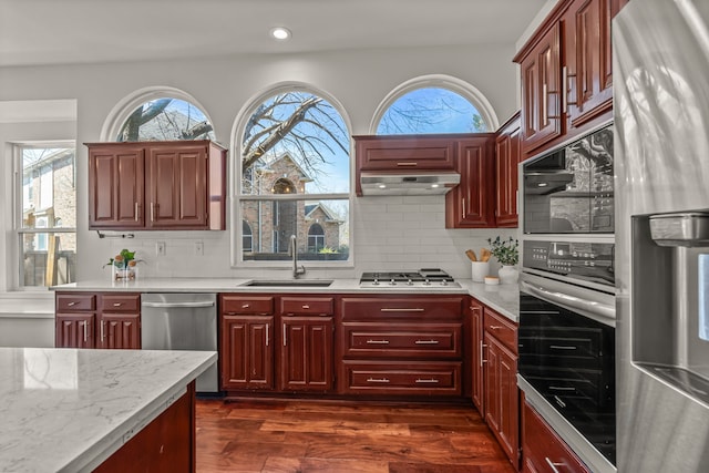 kitchen with appliances with stainless steel finishes, dark wood-type flooring, dark brown cabinets, under cabinet range hood, and a sink