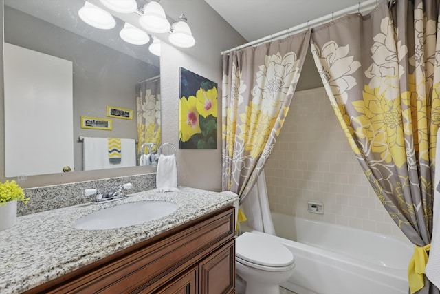 bathroom with vanity, toilet, and shower / bathtub combination with curtain